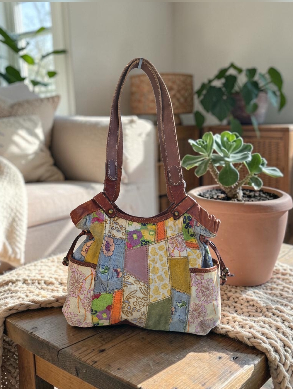 Fossil Vintage Boho Leather & Canvas Patchwork Hobo Shoulder Bag